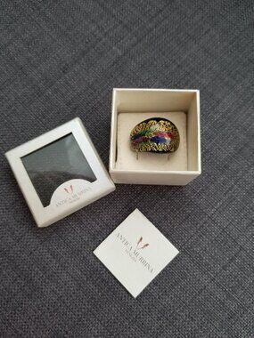 Authentic Antica Murrina Venetian Murano Glass Ring - Black/Gold/Multi - Size 6.